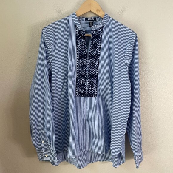 Chaps Womens XL Blue Stripe Long Sleeve Tunic Top With Embroidered Front Shirt - Picture 7 of 9